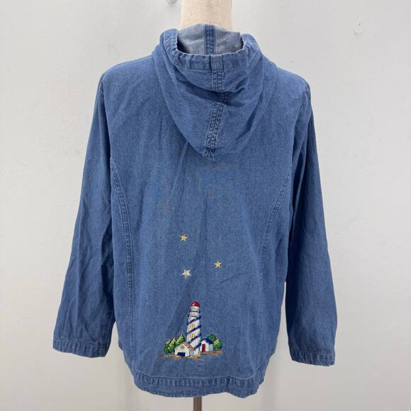 VTG Quacker Factory Embroidered Denim Lighthouse Zip Hoodie Sweater Nautical M - Picture 3 of 9